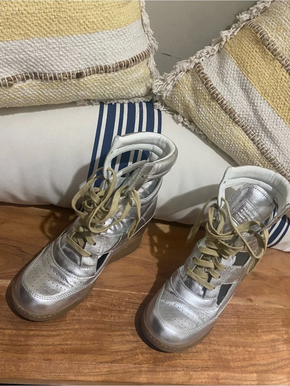 Marc by Marc Jacobs Silver Metallic Wedge Sneaker Boots with Tan Laces Size 40
